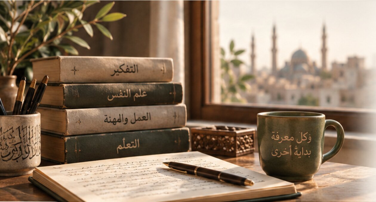 مكتب قراءة عربي بجوار نافذة، عليه كتب ودفتر وقلم