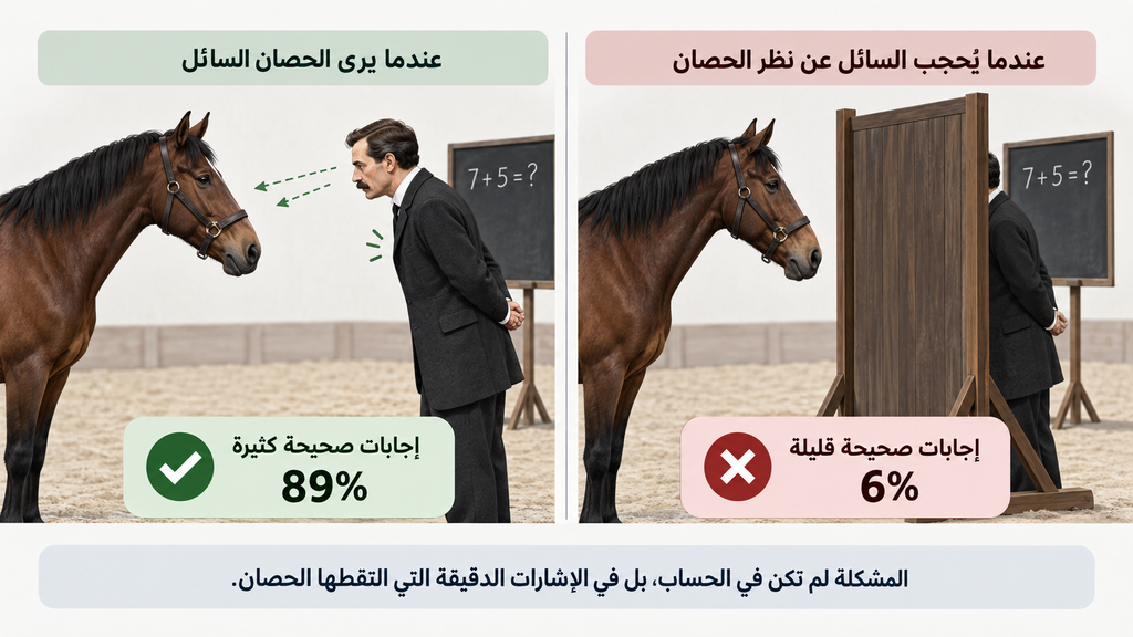 رسم توضيحي يقارن بين حالتين في تجربة هانز: عندما يرى الحصان السائل فتكثر الإجابات الصحيحة، وعندما يُحجب السائل عن نظره فتقل الإجابات الصحيحة بشدة.
