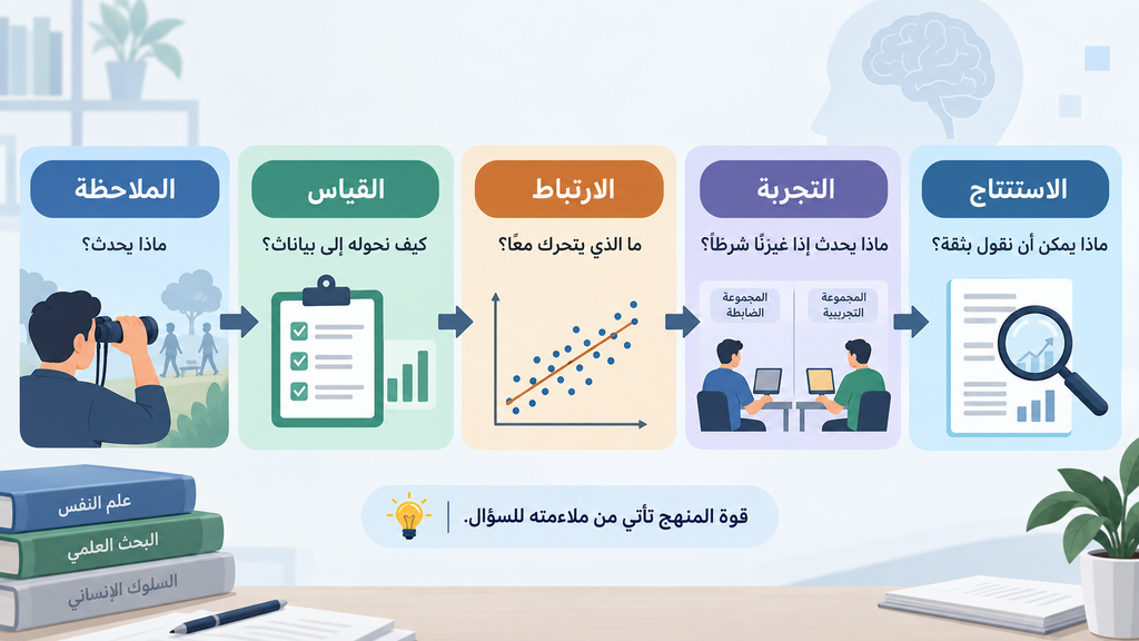 مخطط يوضح مسار مناهج البحث في علم النفس من الملاحظة والقياس والارتباط إلى التجربة ثم الاستنتاج، مع إبراز أن اختيار المنهج يعتمد على طبيعة السؤال.