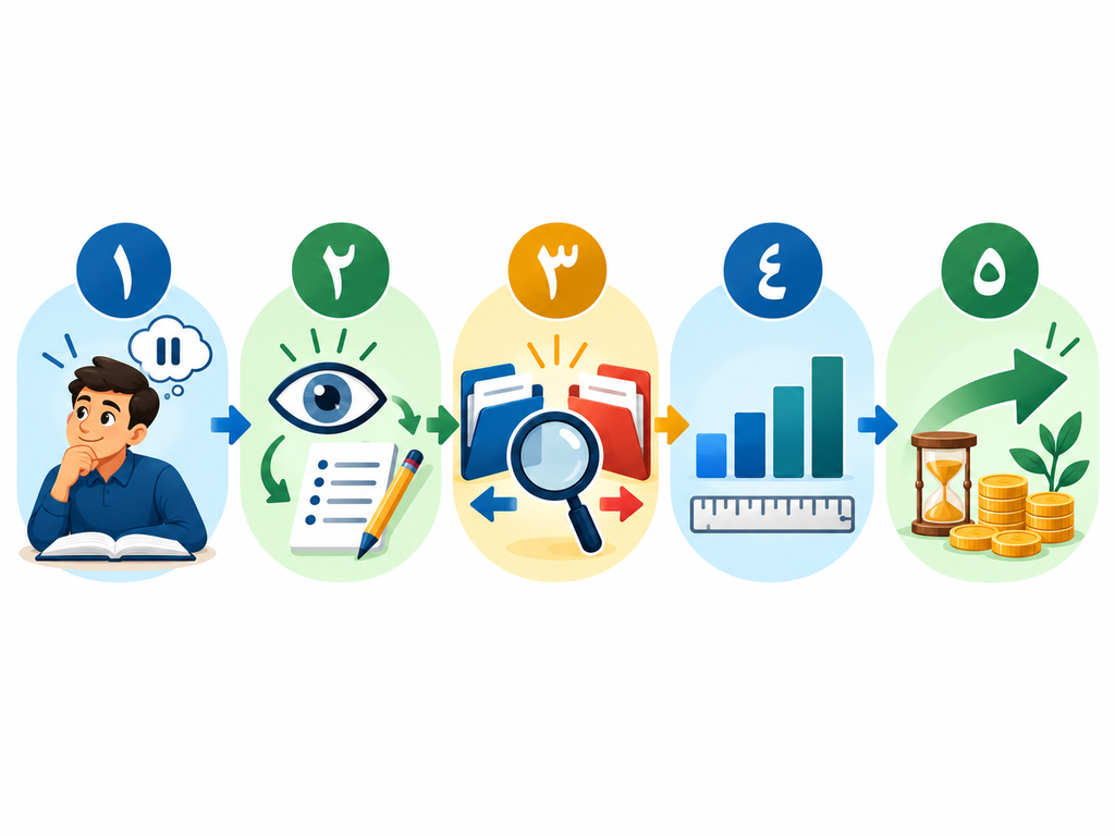رسم توضيحي لخريطة فحص الحكم في خمس خطوات: التوقف قبل القرار، ملاحظة الوقائع، مقارنة الأدلة، قياس المعلومات، ثم اتخاذ قرار يركز على ما سيأتي.