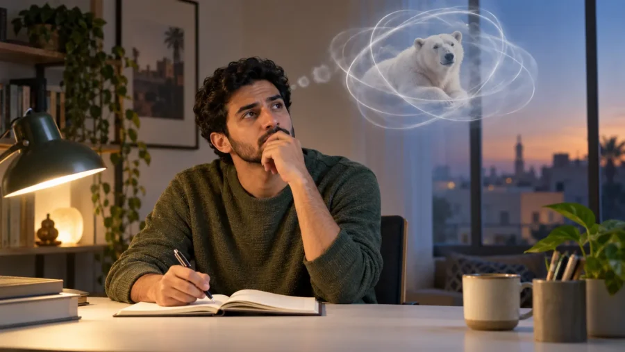 شاب يدوّن أفكاره بينما تتكرر في ذهنه صورة دب أبيض داخل دوّامة من الأفكار