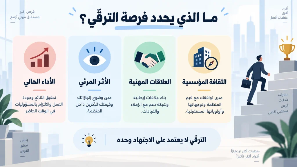 مخطط يوضح أربعة عوامل تؤثر في فرصة الترقّي داخل المؤسسة: الأداء الحالي، الأثر المرئي، العلاقات المهنية، والثقافة المؤسسية.