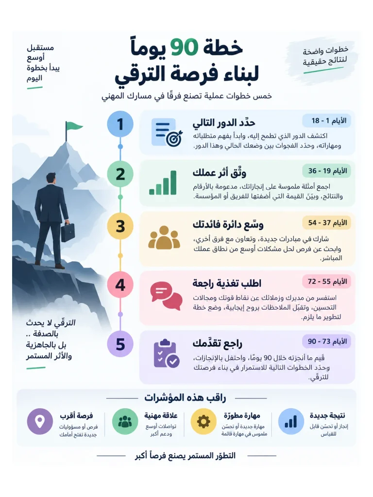 إنفوجراف يقدّم خطة 90 يومًا لبناء فرصة الترقّي عبر خمس خطوات ومؤشرات متابعة عملية.
