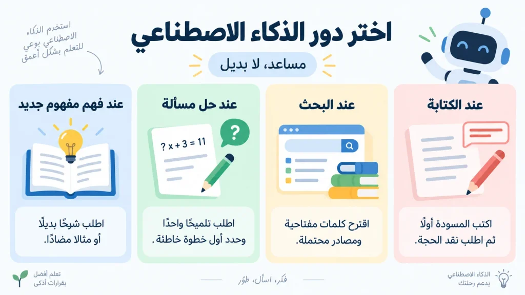 رسم توضيحي يبيّن كيف يختار الطالب دور الذكاء الاصطناعي عند فهم مفهوم جديد أو حل مسألة أو البحث أو الكتابة، مع التأكيد على أن الأداة مساعد لا بديل.