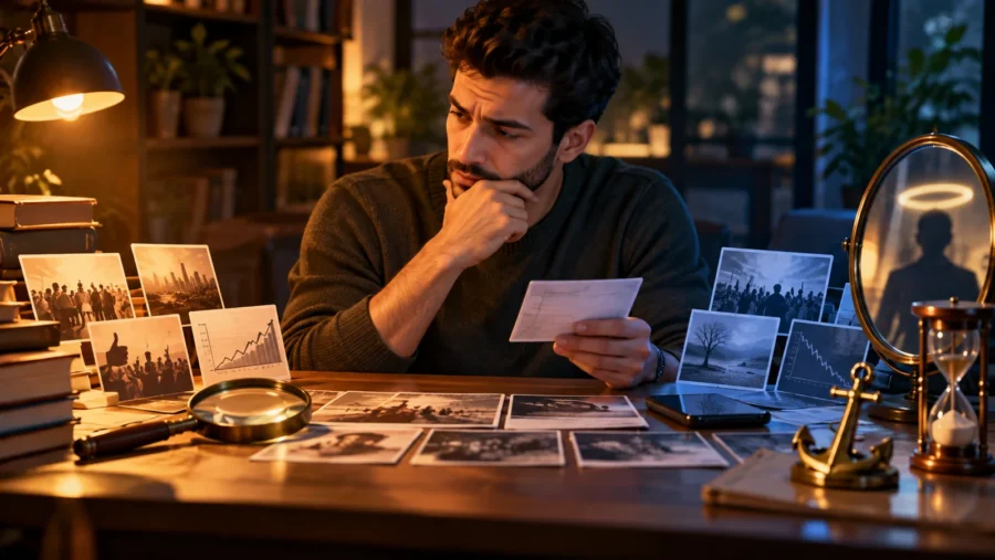 رجل يفحص صورًا ورسومًا وبيانات متعارضة على مكتب، تحيط به رموز للارتساء والوقت والانطباع، في مشهد يرمز إلى مراجعة التحيزات قبل الحكم.