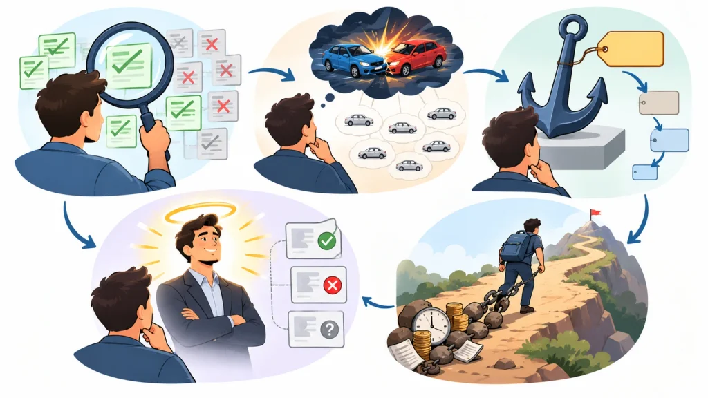 رسم توضيحي يجمع خمسة مسارات للتحيز المعرفي: انتقاء الأدلة المؤيدة، تضخيم الأمثلة المتاحة في الذاكرة، الارتساء، تأثير الهالة، والاستمرار بسبب التكلفة الغارقة.