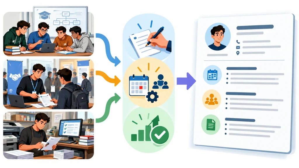 رسم توضيحي يبين انتقال خبرات الطالب من مشروع جامعي وفعالية وعمل مؤقت إلى أدلة منظمة قابلة للعرض داخل السيرة الذاتية.