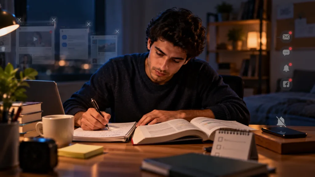 طالب يذاكر ليلًا أمام كتاب وملاحظات بينما تظهر حوله رموز للإشعارات والنوافذ الرقمية، في مشهد يرمز إلى محاولة حماية الانتباه من المشتتات.